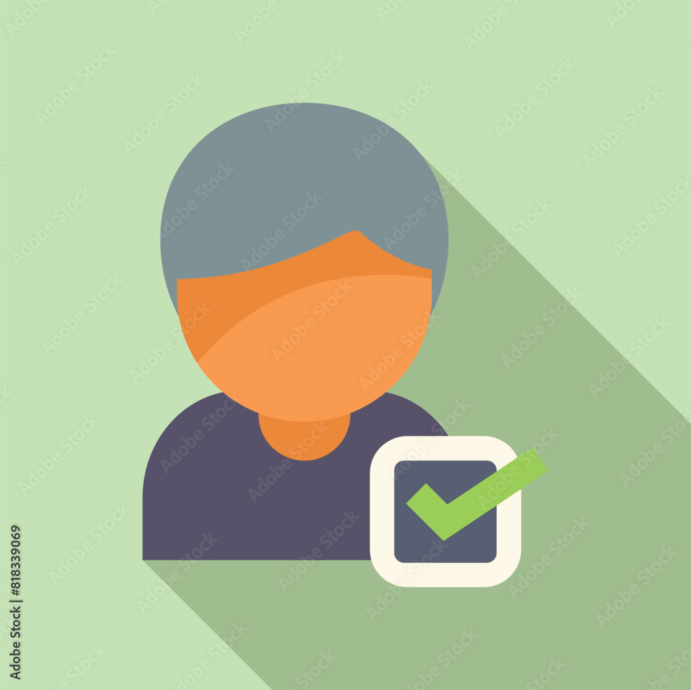 Poster flat design icon of a person with verification check mark, symbolizing authenticated user