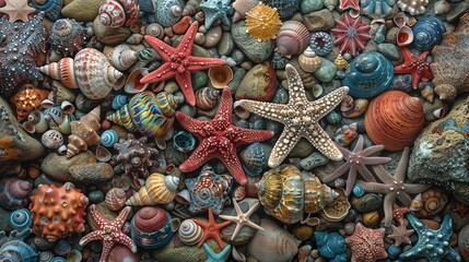  A group of starfishs and seashells is displayed in a colorful wall of rocks and seashells