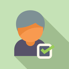 Flat design icon of a person with verification check mark, symbolizing authenticated user