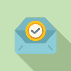 Modern and simple approved email notification icon with a green background and check mark symbol for verified digital communication concept in flat design illustration vector for web interface and onl