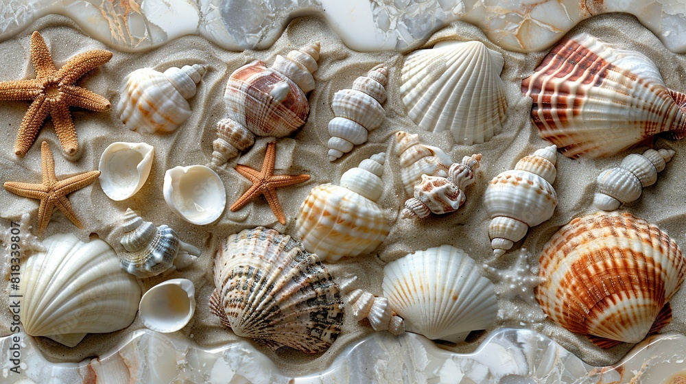Poster a cluster of seashells and starfish resting on a sandy shore, surrounded by scattered shells below