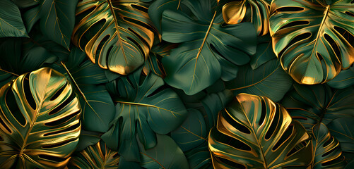 Nature and abstract texture, background of monstera leaves, green gold tropical leaves. Dense foliage of dark green monstera leaves with a few leaves displaying yellow variegation, creating a rich bot