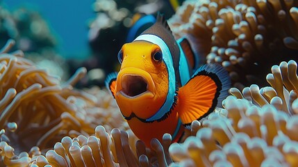   Clownfish in sea anemone, orange-blue striped chest, black-white striped chest