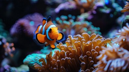   An orange-and-black clownfish swims with an orange-and-white clownfish in its mouth in an aquarium
