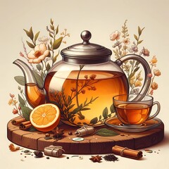 a picture of a teapot and a teapot with a picture of a teapot and a cup of tea. teapot with tea illu