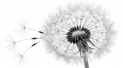   A monochrome image of a dandelion seed head swaying in the wind against a white backdrop