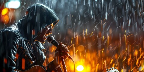 Singer performing on stage in heavy rain with microphone. Concept Live Music Performance, Rainy Day...