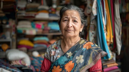 Obraz premium Elderly Asian woman with a serene expression standing in her colorful fabric shop.
