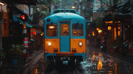   Blue and Orange Train Tracks Rain Soaked Street