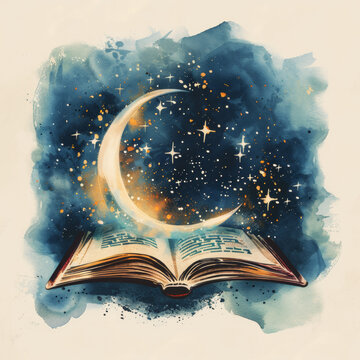 A logo showcasing an open book with pages transforming into a crescent moon and stars, set against a twilight sky. Watercolor, bedtime stories for kids