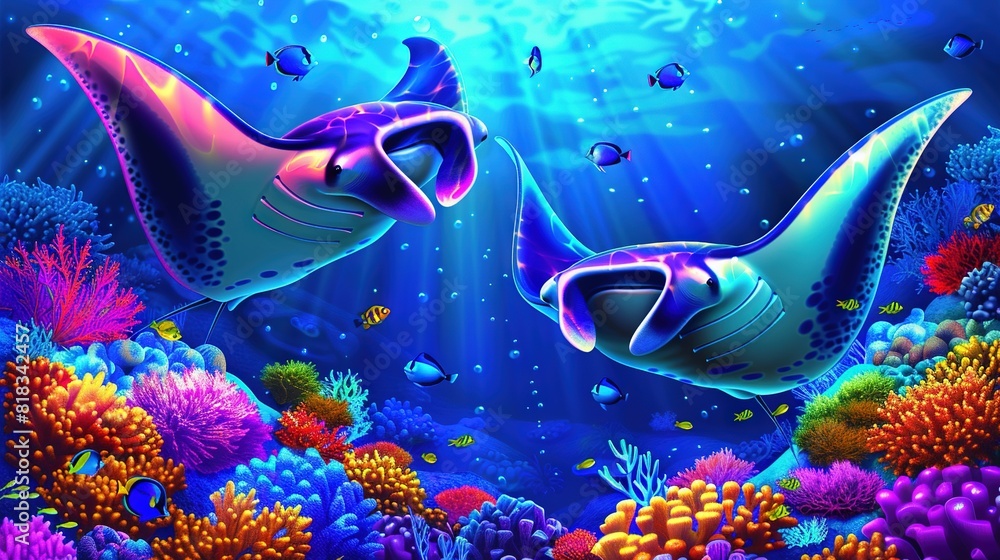 Wall mural a stunning portrait of two stingrays gracefully swimming through a vibrant blue sea filled with cora