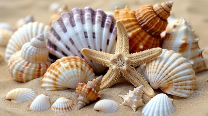 Fototapeta na wymiar Seashells, starfish, sand, and water on a sandy beach