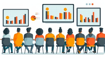 Obraz premium A group of people are sitting in a row, looking at a presentation on a screen