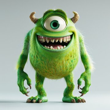 A green furry monster with one eye and sharp teeth is smiling.