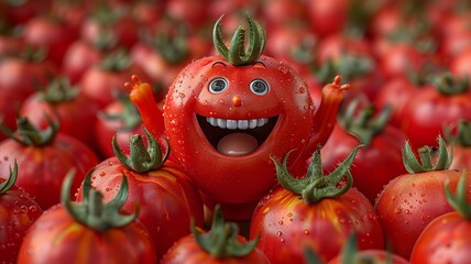 Funny cheerful tomato character with toothy smile and green leaves on top.