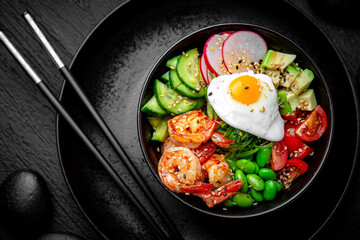 Shrimp Poke bowl composition on black background. The Art of Japanese Cuisine. Food photography for...