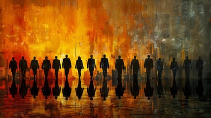 Silhouettes of people walking in a row against a backdrop of bright orange flames.