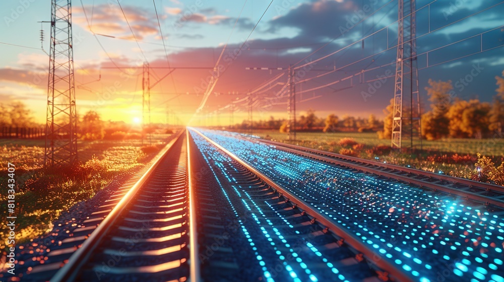 Poster an image of a train track with the sun setting behind it and power lines in the foreground