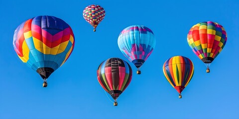 Hot air balloonss against clear sky. Summer travel and adventure concept. Design for banner, wallpaper, poster. Minimalistic composition