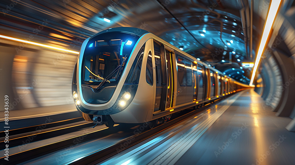 Poster a train traveling through a tunnel with illuminated sides and a clear image of its front