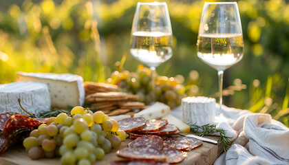 picnic with white wine served outside with cheese and charcuteri