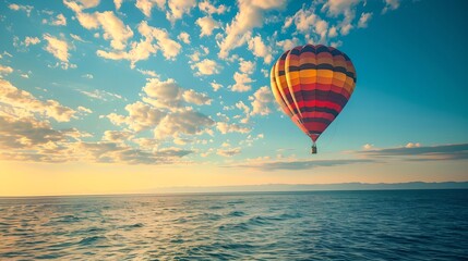 Fototapeta premium Hot air balloon over the ocean at sunset. Summer travel and adventure concept. Beautiful landscape. Design for banner, wallpaper, poster. 
