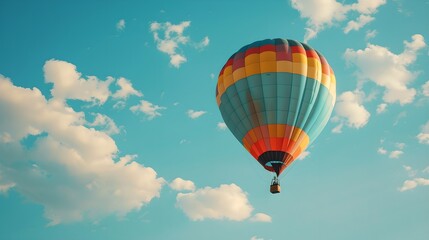 Fototapeta premium Hot air balloon flying under a blue sky. Summer travel and adventure concept. Beautiful landscape. Design for banner, wallpaper, poster with copy space. 
