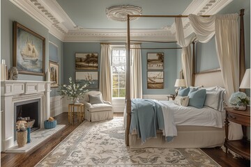Serene Colonial bedroom with a four-poster bed, soft linen drapery, and a delicate color scheme of soft blues and whites.