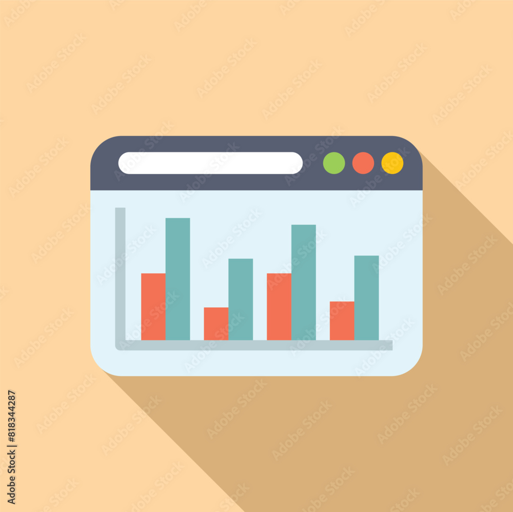 Poster illustration representing web analytics with a bar graph inside a browser window, in flat design sty