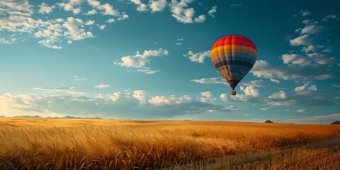 Fototapeta premium Hot air balloon flying over golden wheat fields. Summer travel and adventure concept. Agriculture industry. Design for banner, wallpaper, poster with copy space