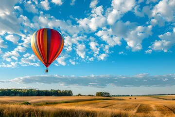Fototapeta premium Hot air balloon flying over golden wheat fields. Summer travel and adventure concept. Agriculture industry. Design for banner, wallpaper, poster