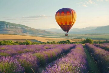 Fototapeta premium Hot air balloon flying over lavender fields. Summer travel and adventure concept. Beautiful view. Design for banner, wallpaper, poster