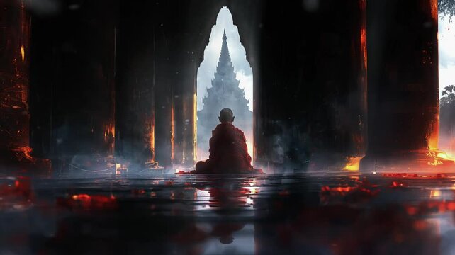 rear view of tibetan monk meditating in the hallway of a temple, 4k resolution