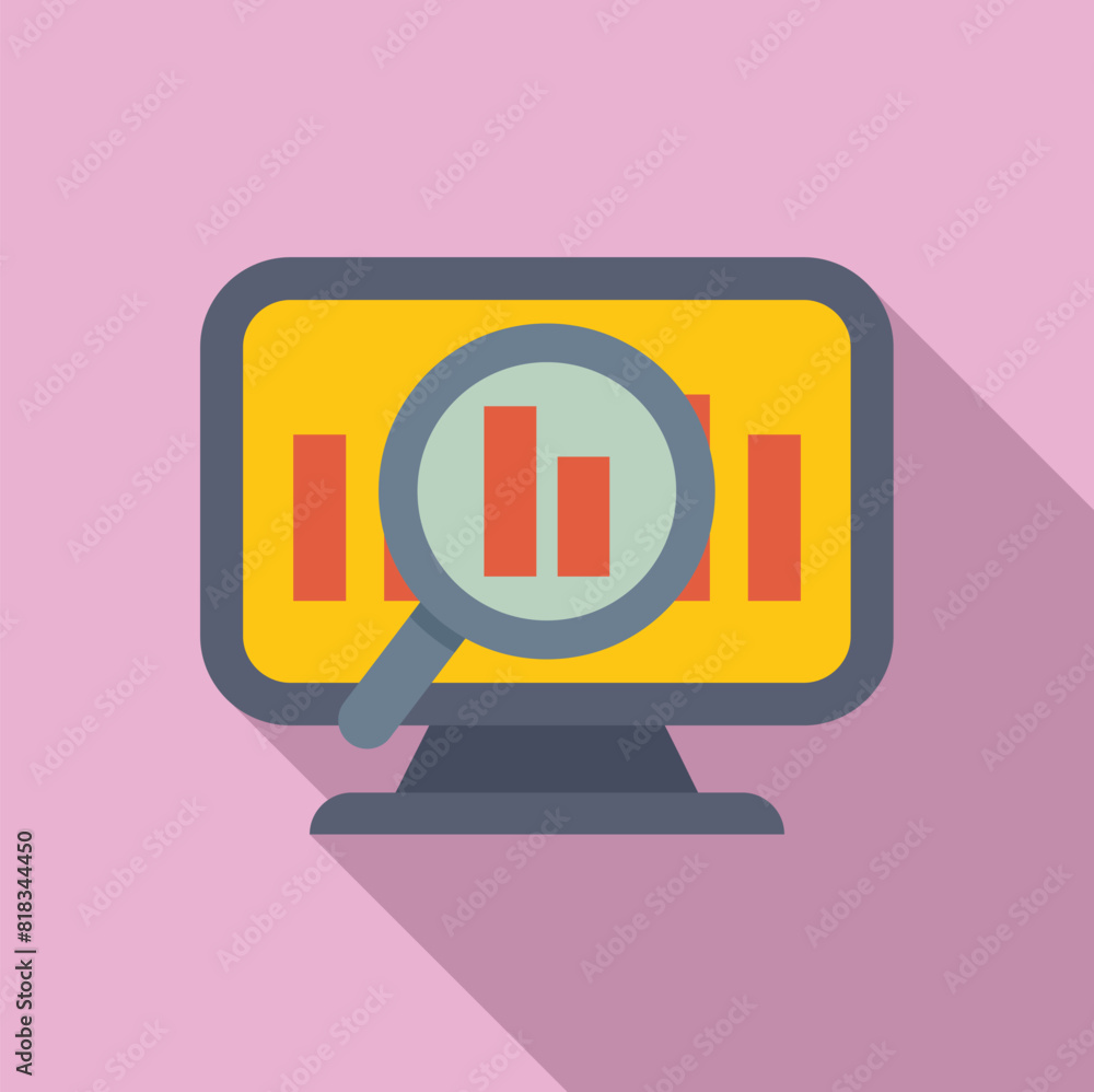 Poster flat design illustration of a computer monitor displaying charts, magnified for detailed view