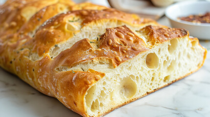 freshly baked foccacia bread loaf with a cross section cut out