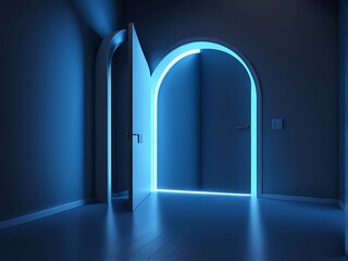  3d render, abstract blue geometric background design. Bright light goes through the door portal...