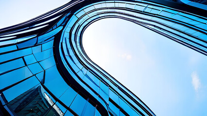 Low-Angle View of Futuristic Skyscraper with Curved Glass Windows