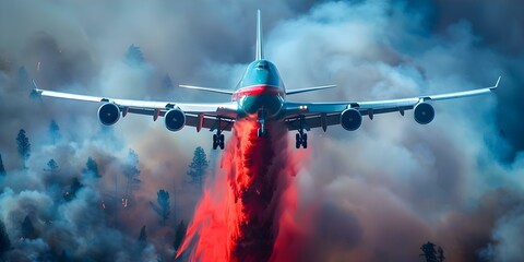 A large firefighting plane releases fire retardant on forest fire at low altitude. Concept Wildfire Suppression, Aerial Firefighting, Forest Fire Prevention, Water Bomber Operations