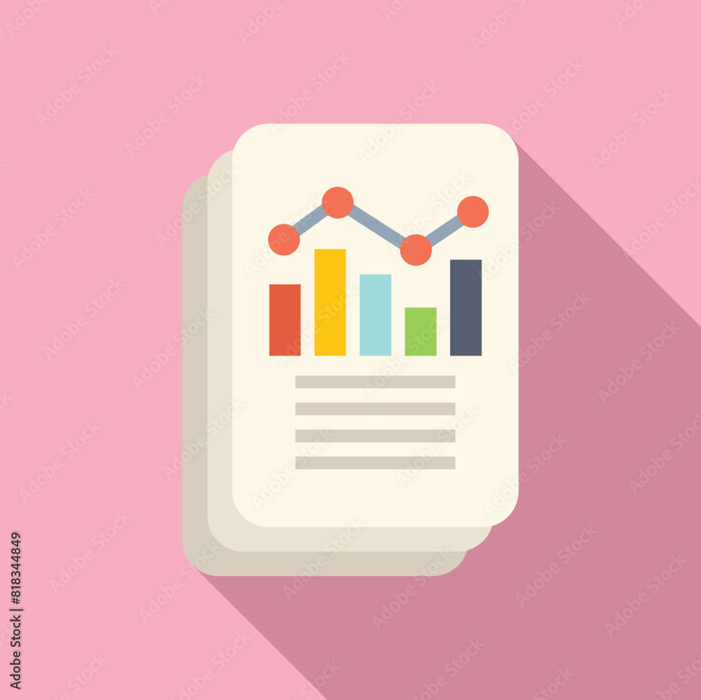 Aufkleber flat vector icon of a data report with graphs and text, cast in a soft shadow on a pink surface