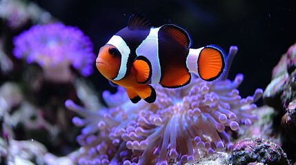   An orange and white clownfish sitting atop a purple sea anemone in a vivid underwater scene