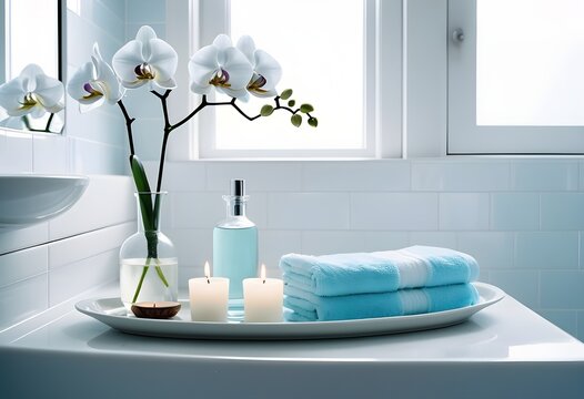 A background of towel bathroom white luxury concept massage candle bath with Bathroom matellic white wellness background towel relax aromatherapy flower and rose flower accessory zen therapy aroma bea