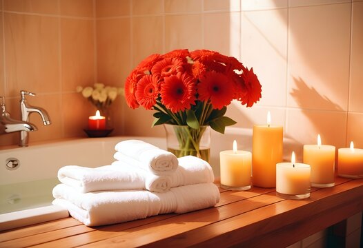 A background of towel bathroom white luxury concept massage candle bath with Bathroom matellic white wellness background towel relax aromatherapy flower and rose flower accessory zen therapy aroma bea
