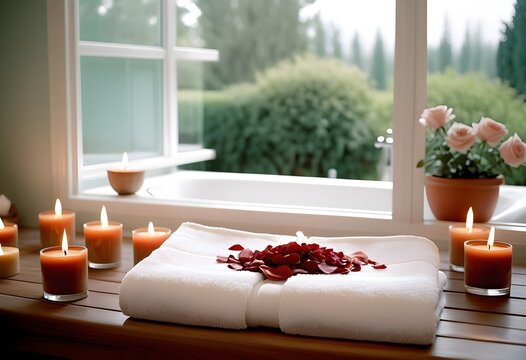 A background of towel bathroom white luxury concept massage candle bath with Bathroom matellic white wellness background towel relax aromatherapy flower and rose flower accessory zen therapy aroma bea