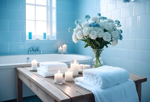 A background of towel bathroom white luxury concept massage candle bath with Bathroom matellic white wellness background towel relax aromatherapy flower and rose flower accessory zen therapy aroma bea