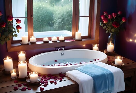 A background of towel bathroom white luxury concept massage candle bath with Bathroom matellic white wellness background towel relax aromatherapy flower and rose flower accessory zen therapy aroma bea