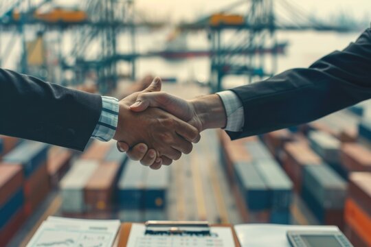 A closeup of two business people shaking hands with their thumbs up, against the backdrop of a modern cargo port and industrial area in bright daylight Generative AI