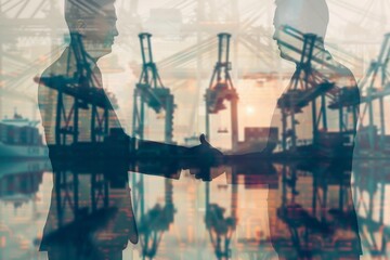 Businessmen shaking hands with a cargo port in the background, thumbs up and a double exposure effect for a business success concept Generative AI
