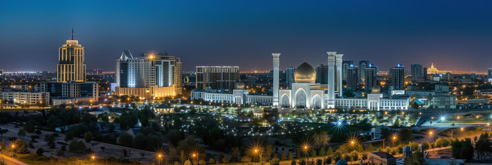 Naklejka premium Stylized Night Panorama of Ashgabat's Illuminated Cityscape