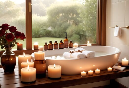 A background of towel bathroom white luxury concept massage candle bath with Bathroom matellic white wellness background towel relax aromatherapy flower and rose flower accessory zen therapy aroma bea
