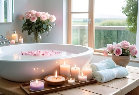 A background of towel bathroom white luxury concept massage candle bath with Bathroom matellic white wellness background towel relax aromatherapy flower and rose flower accessory zen therapy aroma bea